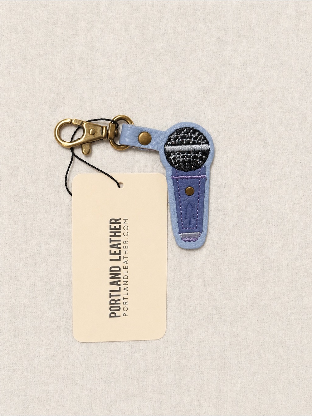 Portland Leather Light Blue & Black Microphone Keychain with Brass Clip